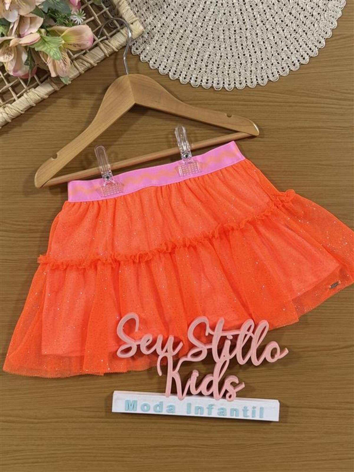 Saia Infantil Cinti Verão Tule Laranja com Glitter