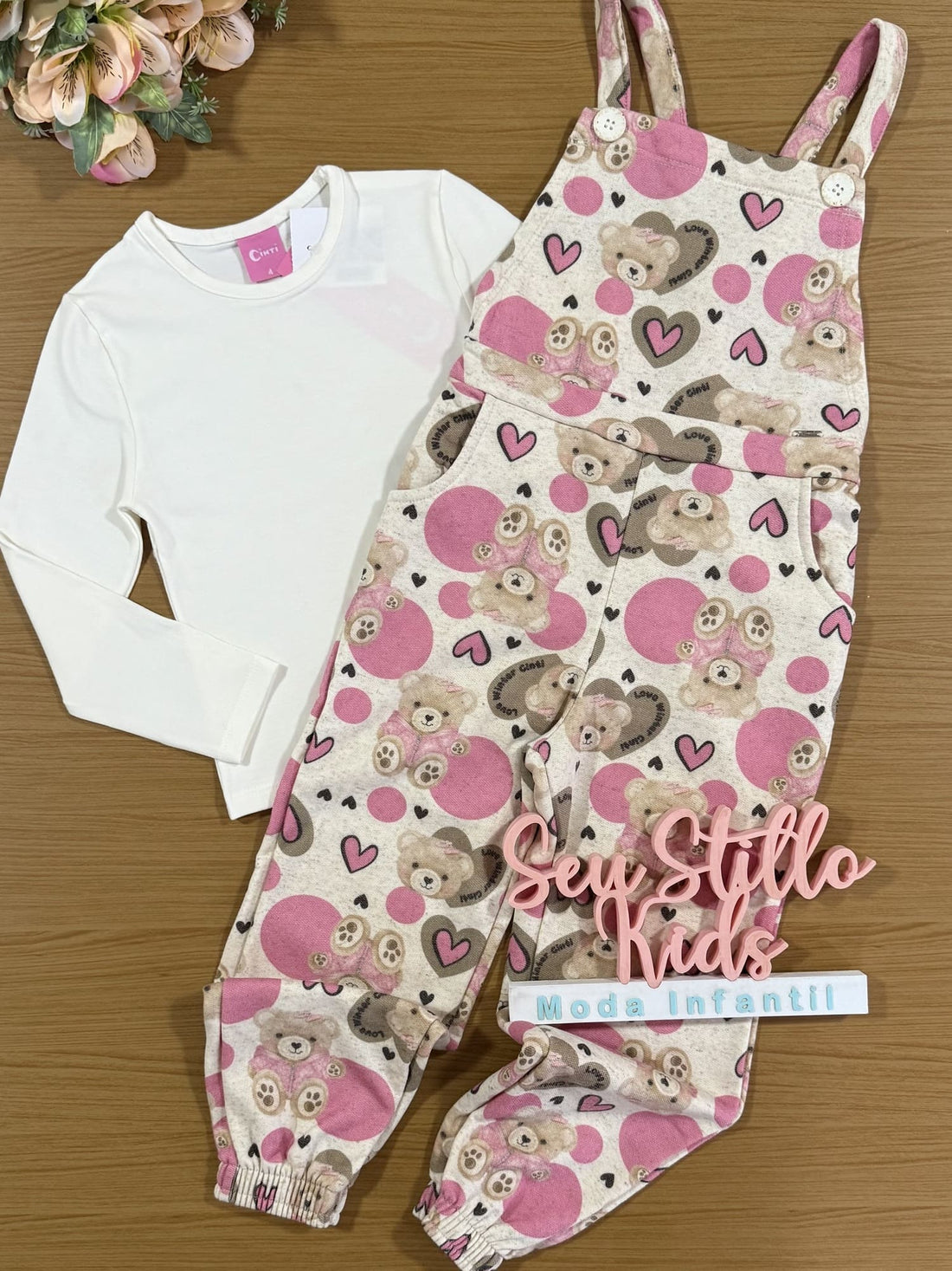 Jardineira Infantil Cinti Inverno Ursinhos Rosa e Blusa Manga Longa