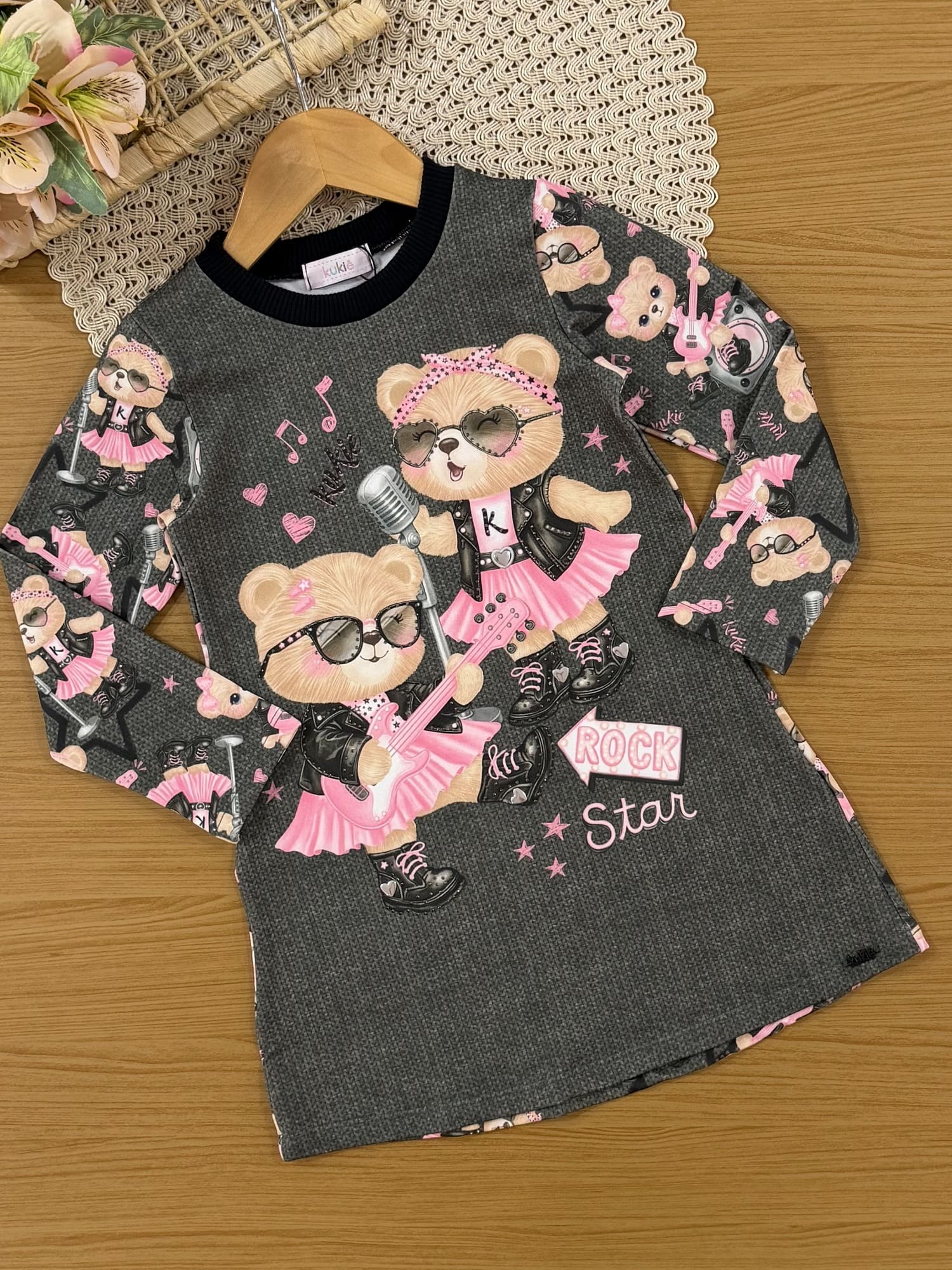 Vestido Infantil Kukiê Inverno Térmico Cinza Ursinha Roqueira