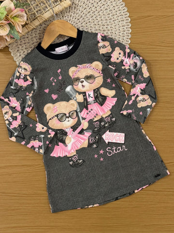 Vestido Infantil Kukiê Inverno Térmico Cinza Ursinha Roqueira