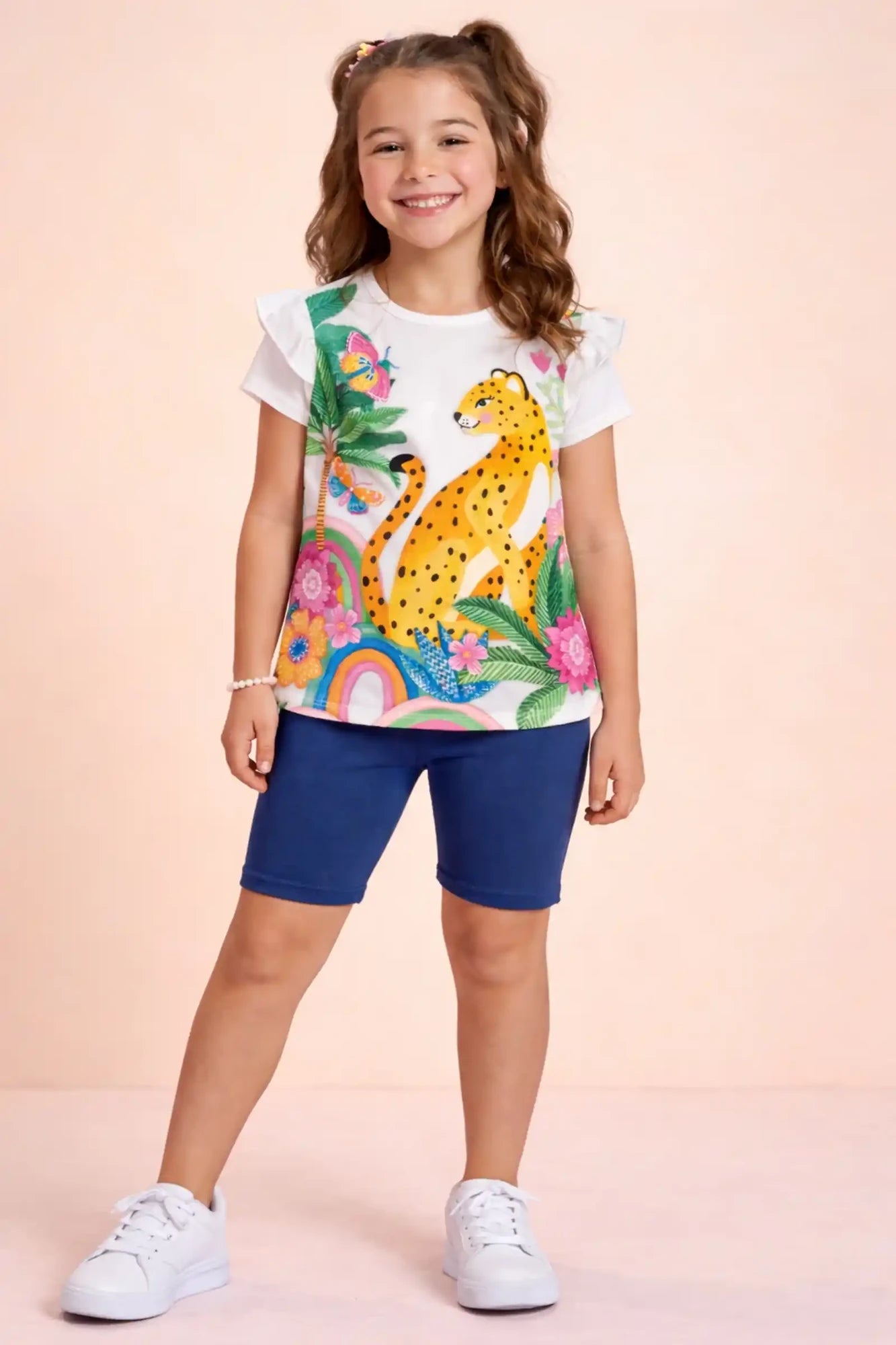 Conjunto Infantil Kukiê com Shorts Ciclista Azul e Blusa Oncinha