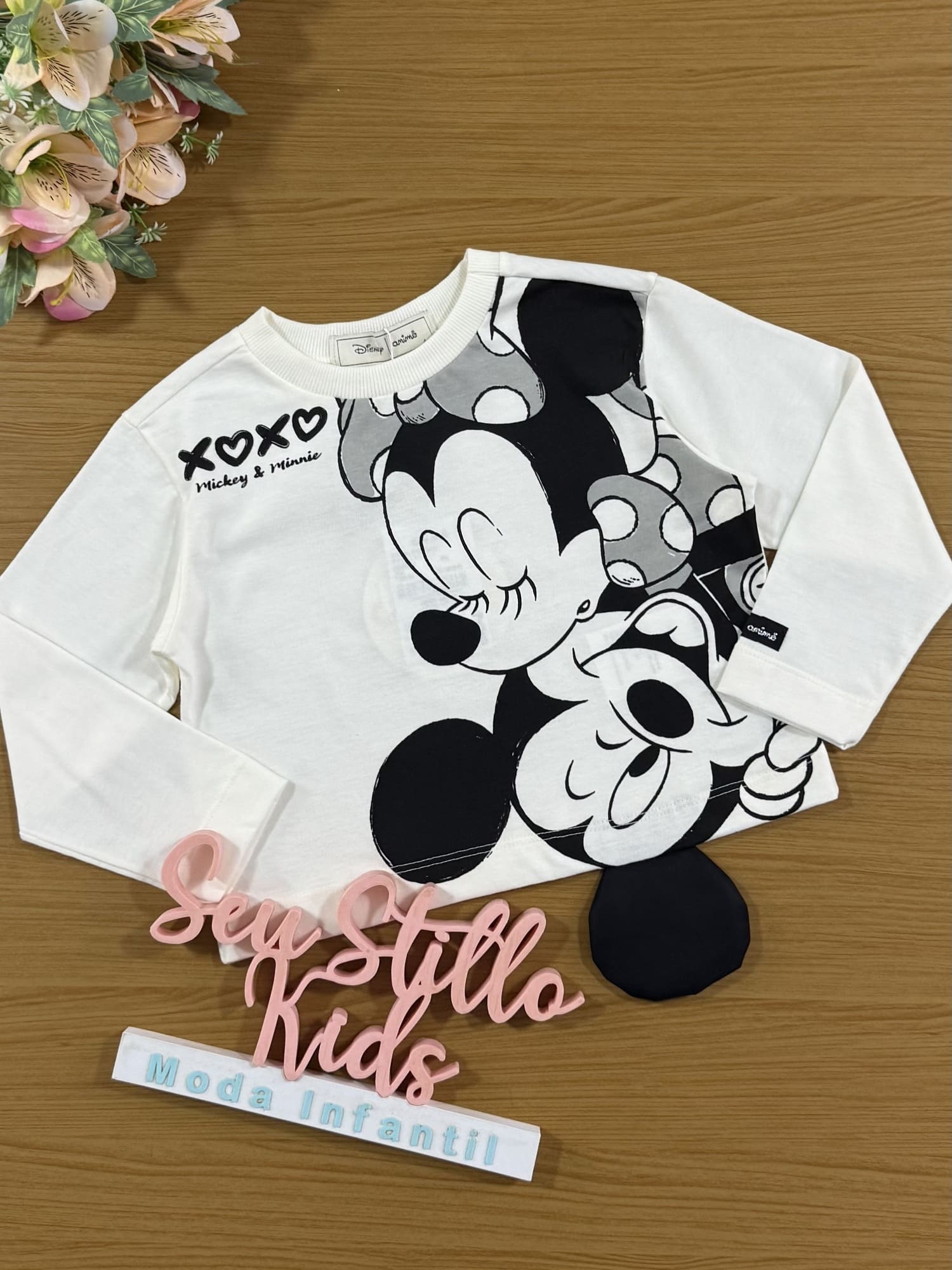 Blusa Infantil Animê Inverno Manga Longa Branca Minnie e Mickey