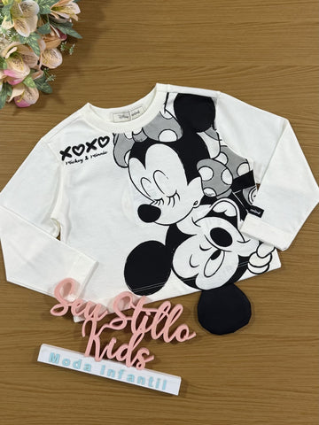Blusa Infantil Animê Inverno Manga Longa Branca Minnie e Mickey