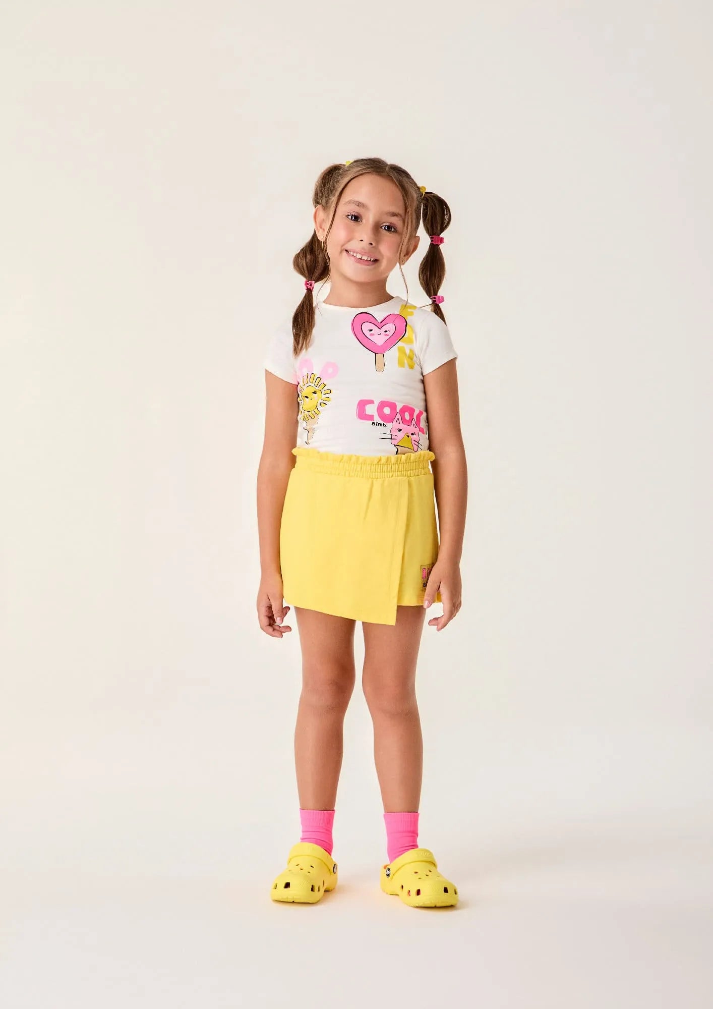 Conjunto Infantil Menina Bimbi com Short-Saia Amarelo e Blusa Branca Sorvetinhos