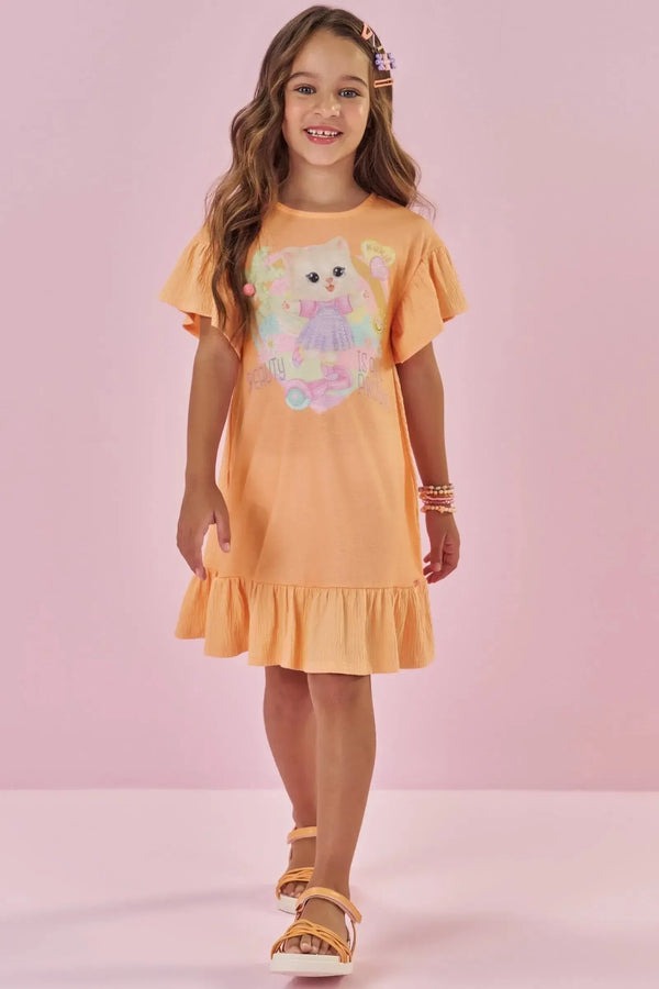 Vestido Infantil Kukiê Verão Laranja Gatinha com Strass
