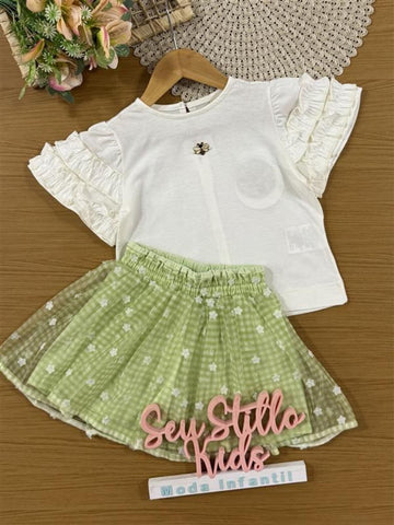 Conjunto Infantil Animê Verão com Saia Verde Xadrez em Tule e Blusa Branca