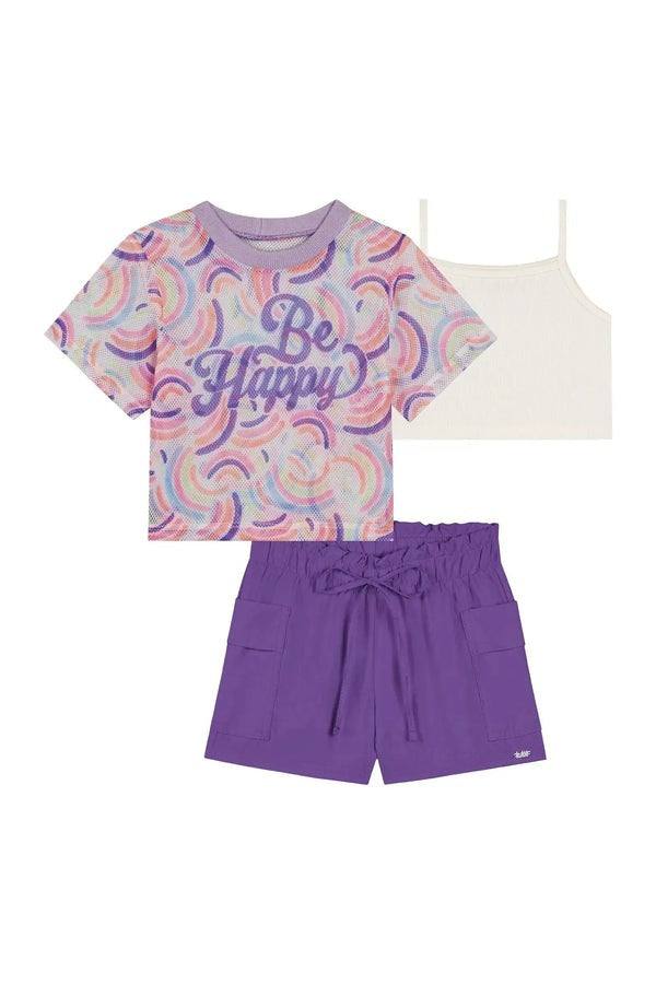 Conjunto Infantil Kukiê Verão com Shorts Roxo, Top e Sobreposição em Tela Arco-íris
