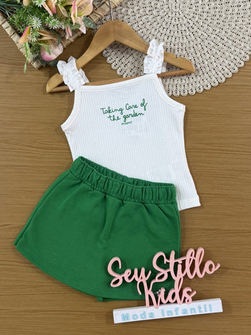 Conjunto Infantil Momi Verão com Short-Saia Verde e Regata Canelada Branca