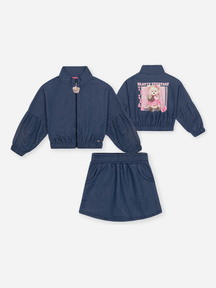 Conjunto Infantil Cinti Inverno com Shorts-Saia e Jaqueta Azul Marinho Ursinha Brilhos