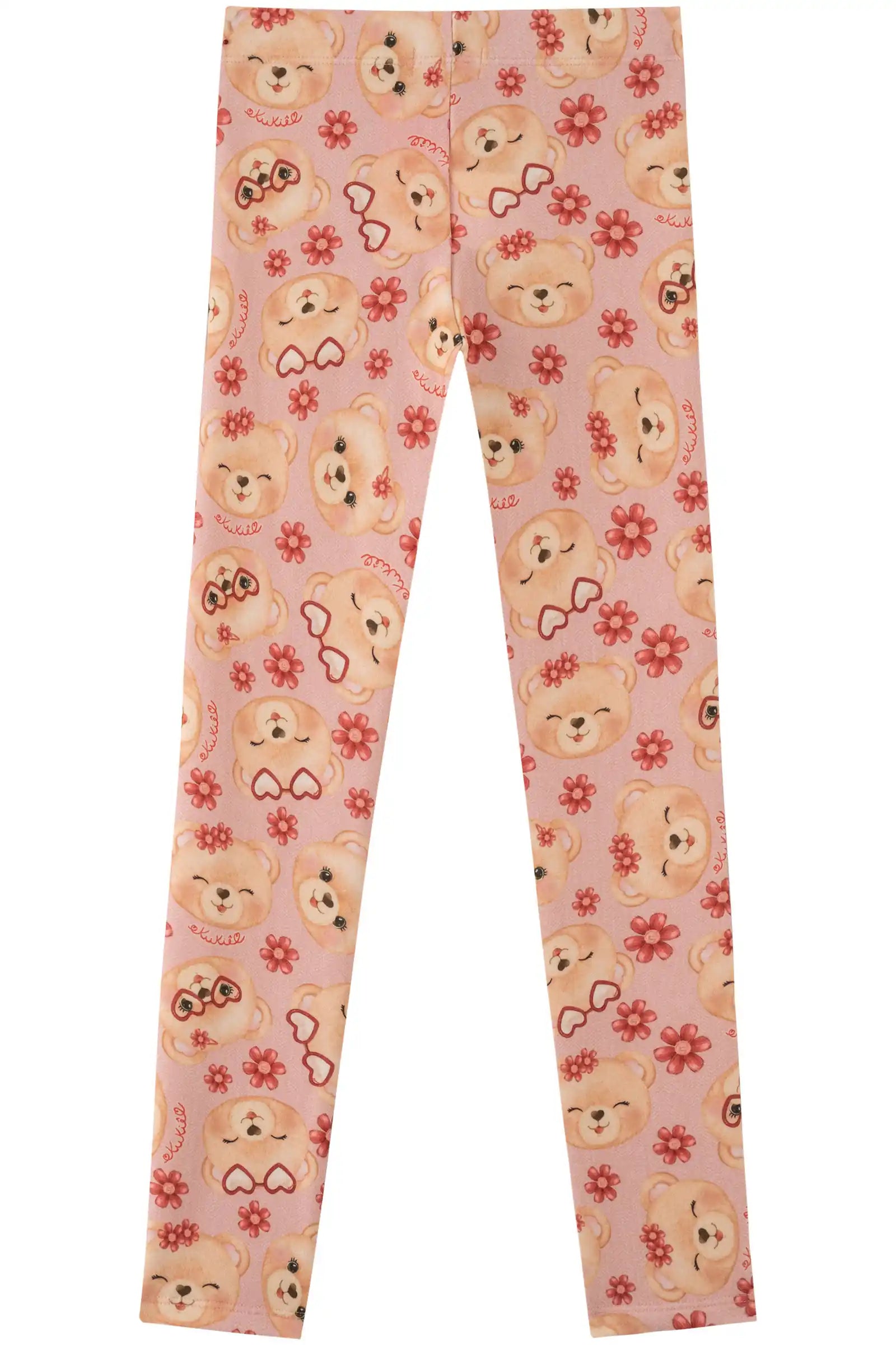 Calça Legging Infantil Kukiê Inverno Rosa Ursinha e Flores