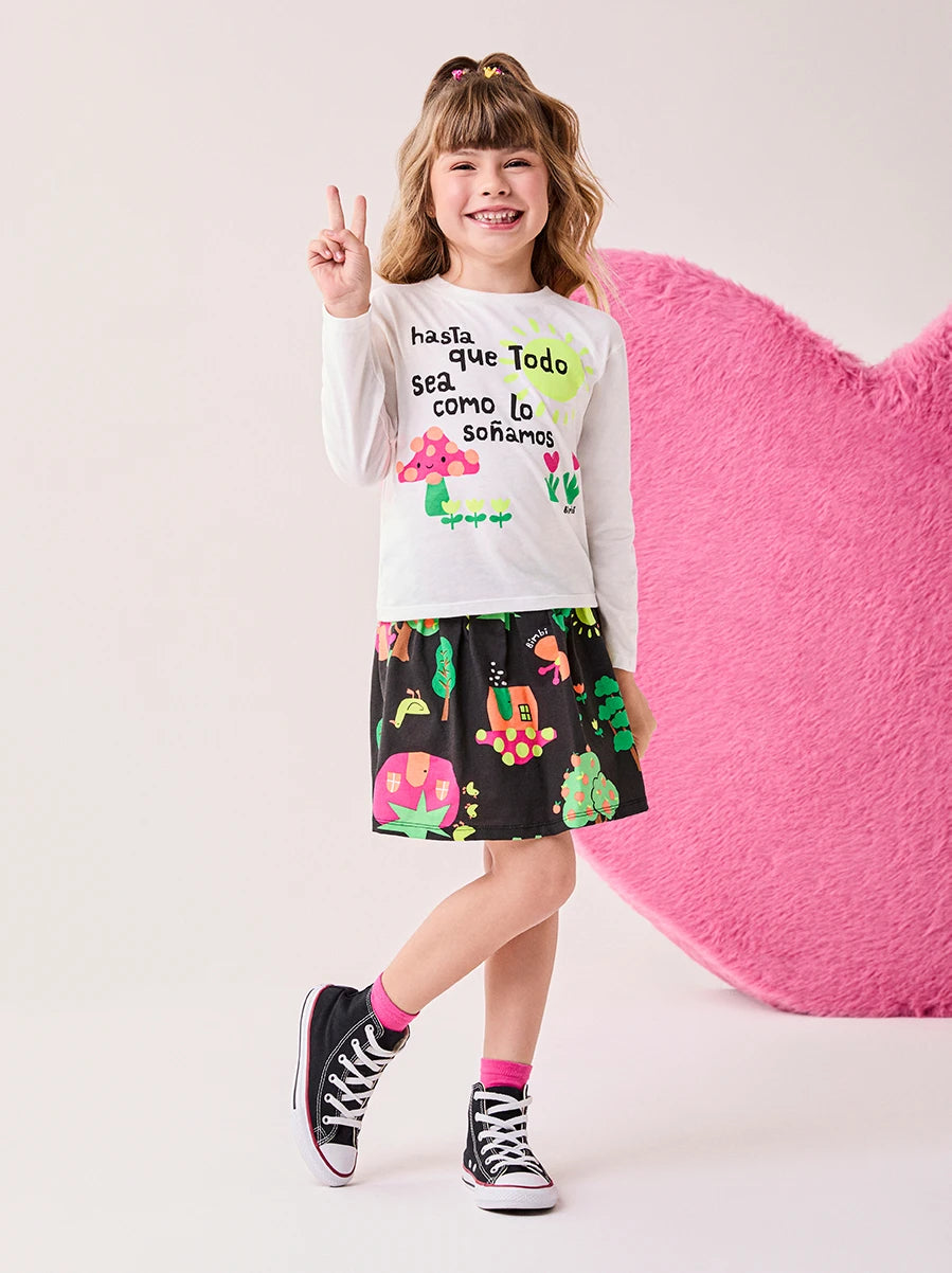 Conjunto Infantil Bimbi Inverno com Saia Preta e Blusa Manga Longa Cogumelo Feliz