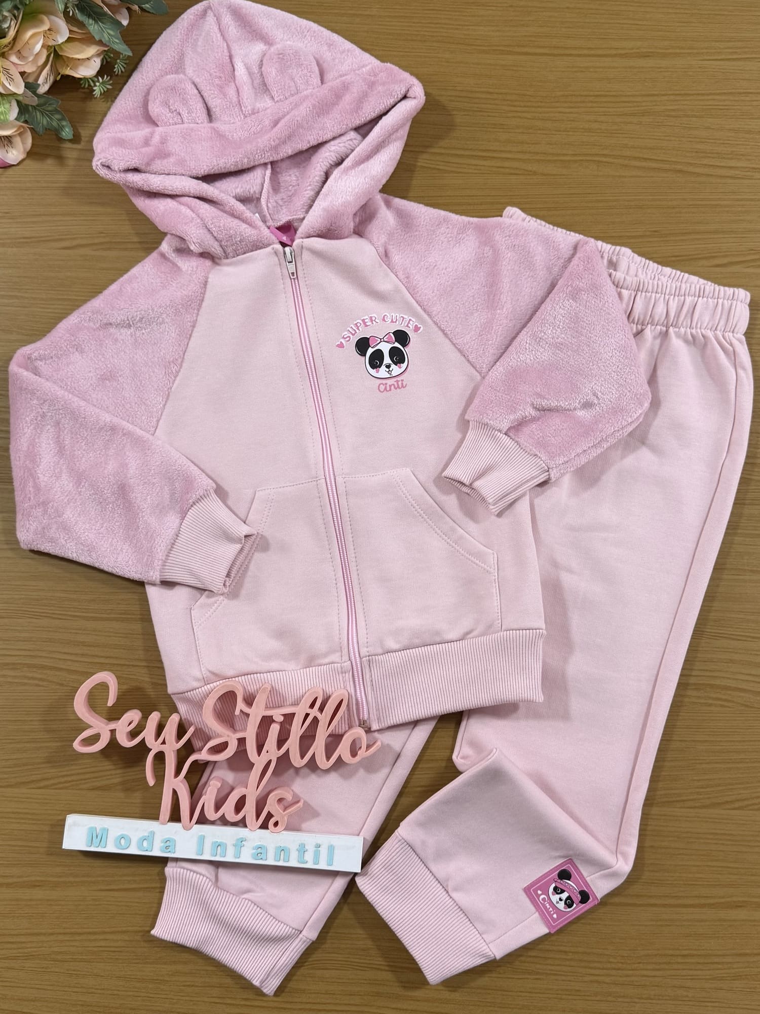 Conjunto Infantil Cinti Inverno Calça e Moletom Flanelado Rosa Panda