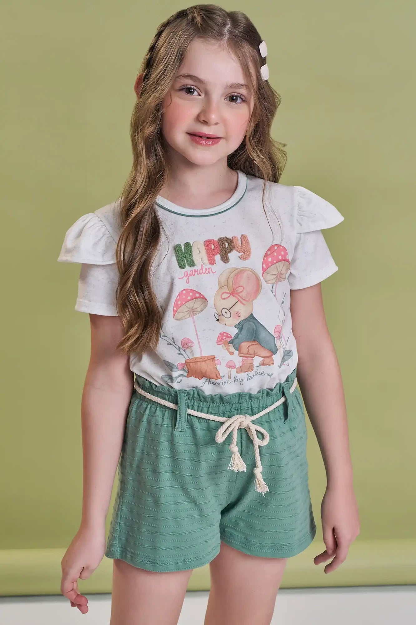 Conjunto Infantil Kukiê Inverno com Shorts Verde e Blusa Manga Curta Ratinha Happy