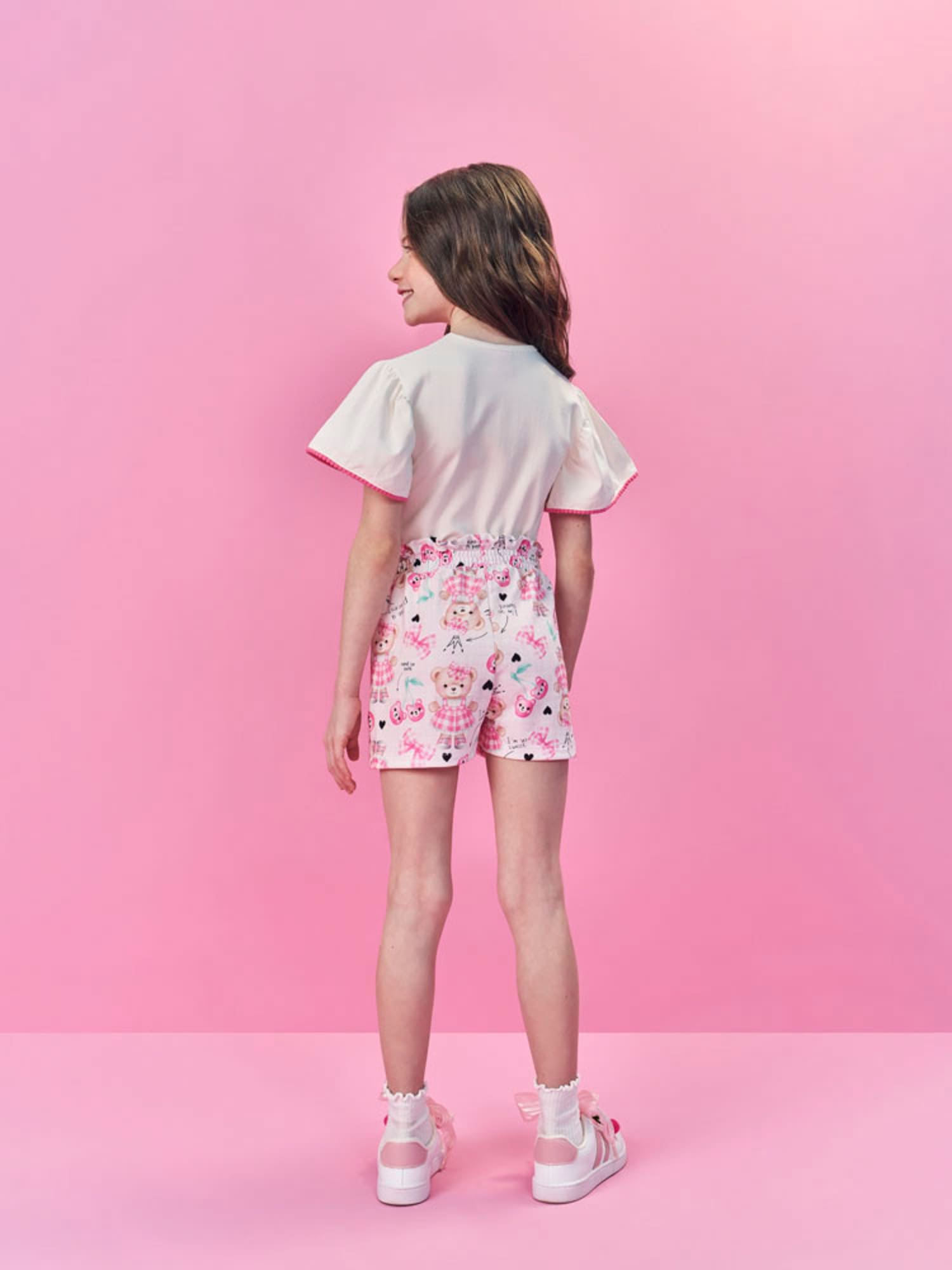 Conjunto Infantil Cinti Verão com Shorts Rosa e Blusa Branca Ursinha Love com Strass