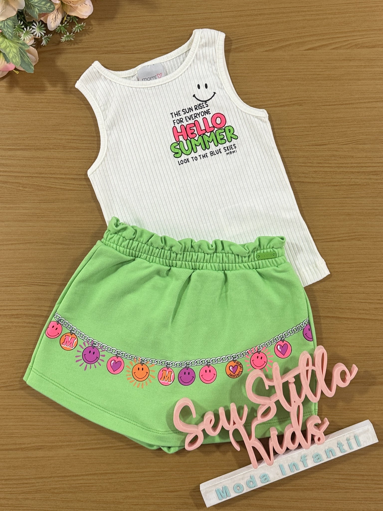 Conjunto Infantil Momi Verão Shorts Saia Verde e Regata Summer