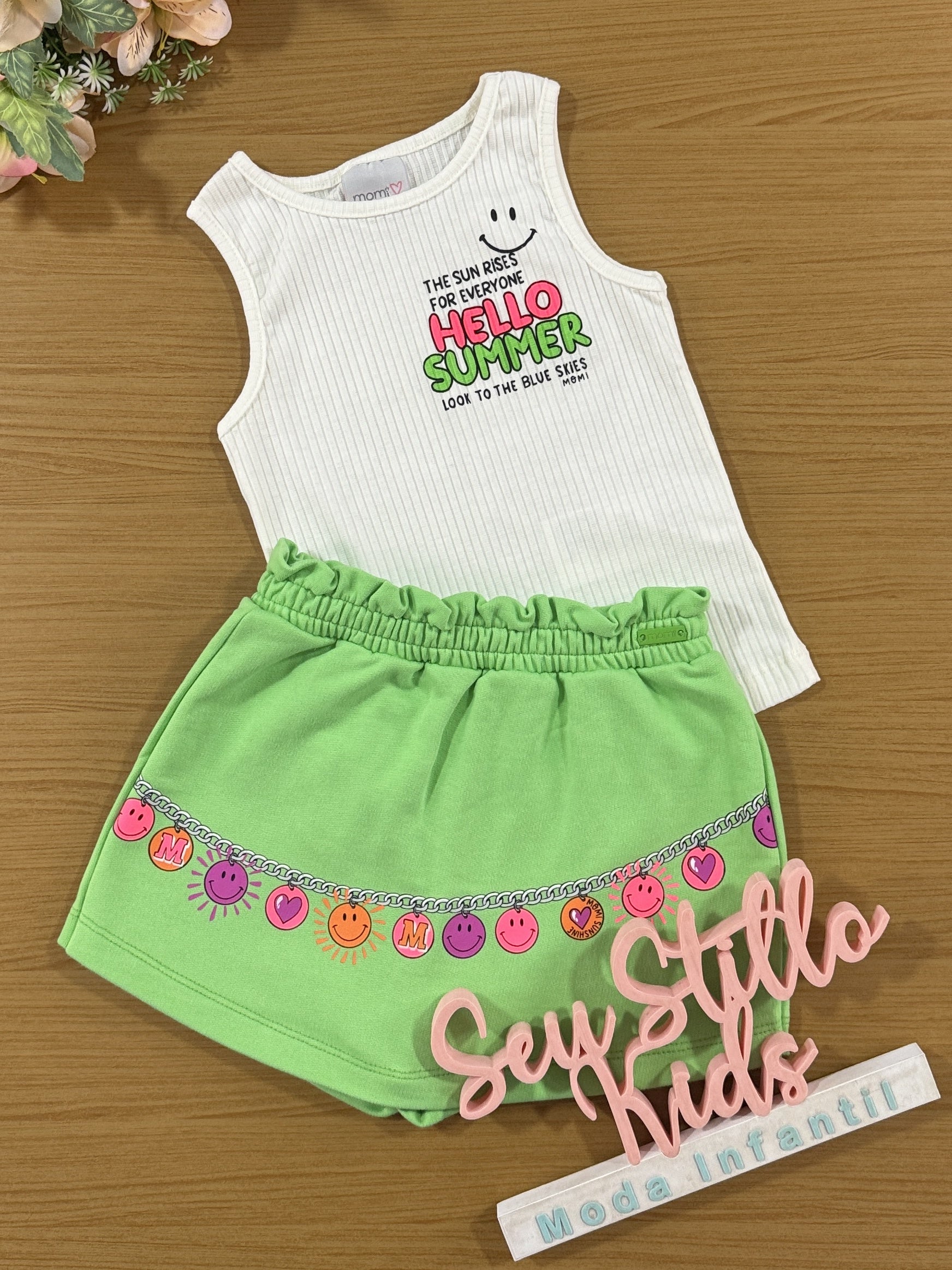 Conjunto Infantil Momi Verão Shorts Saia Verde e Regata Summer