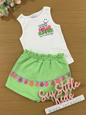 Conjunto Infantil Momi Verão Shorts Saia Verde e Regata Summer