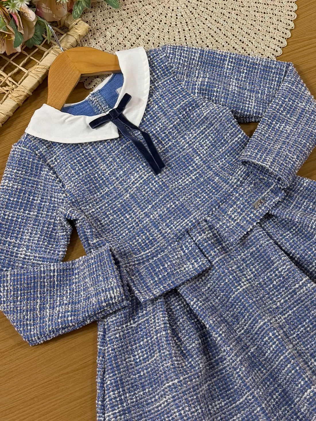 Vestido Infantil Momi Inverno Azul Tweed com Gola