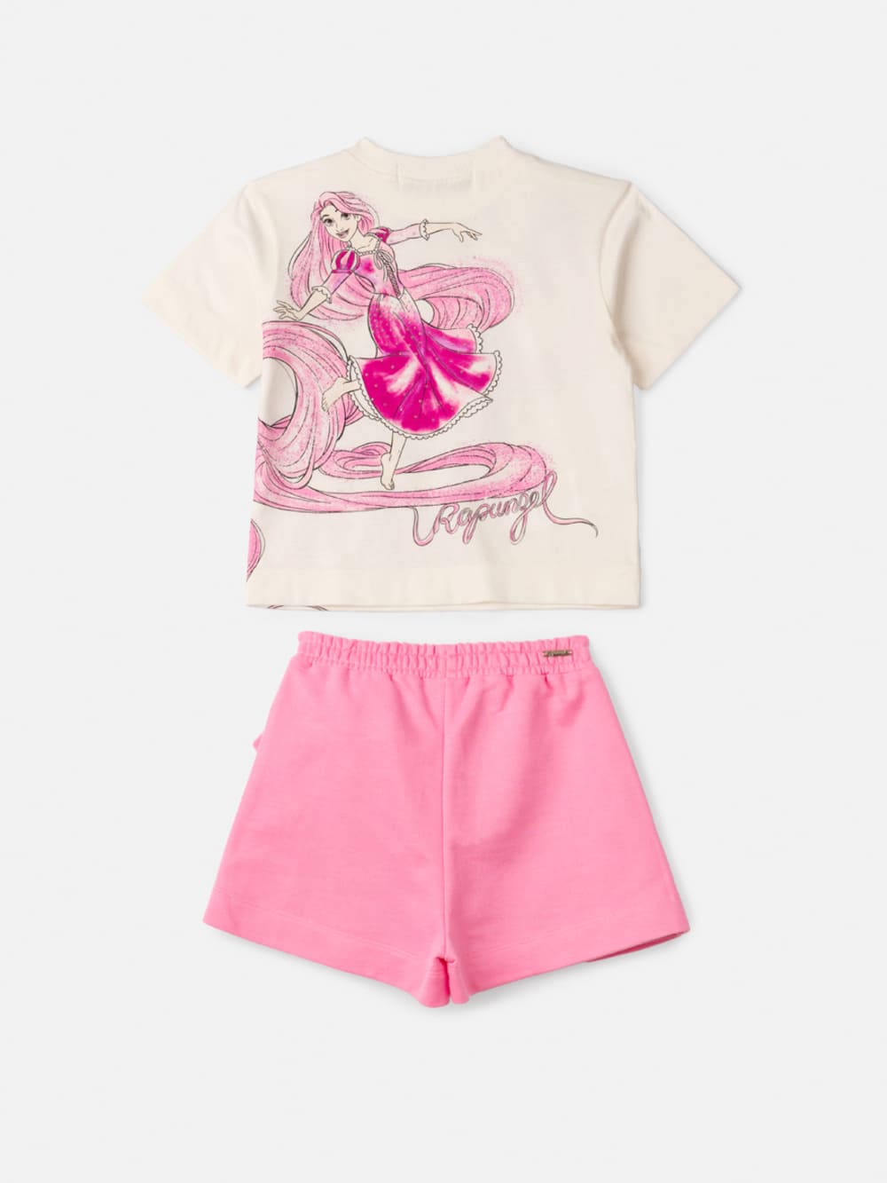 Conjunto Infantil Animê Verão Shorts Saia Rosa e Blusa Rapunzel Disney