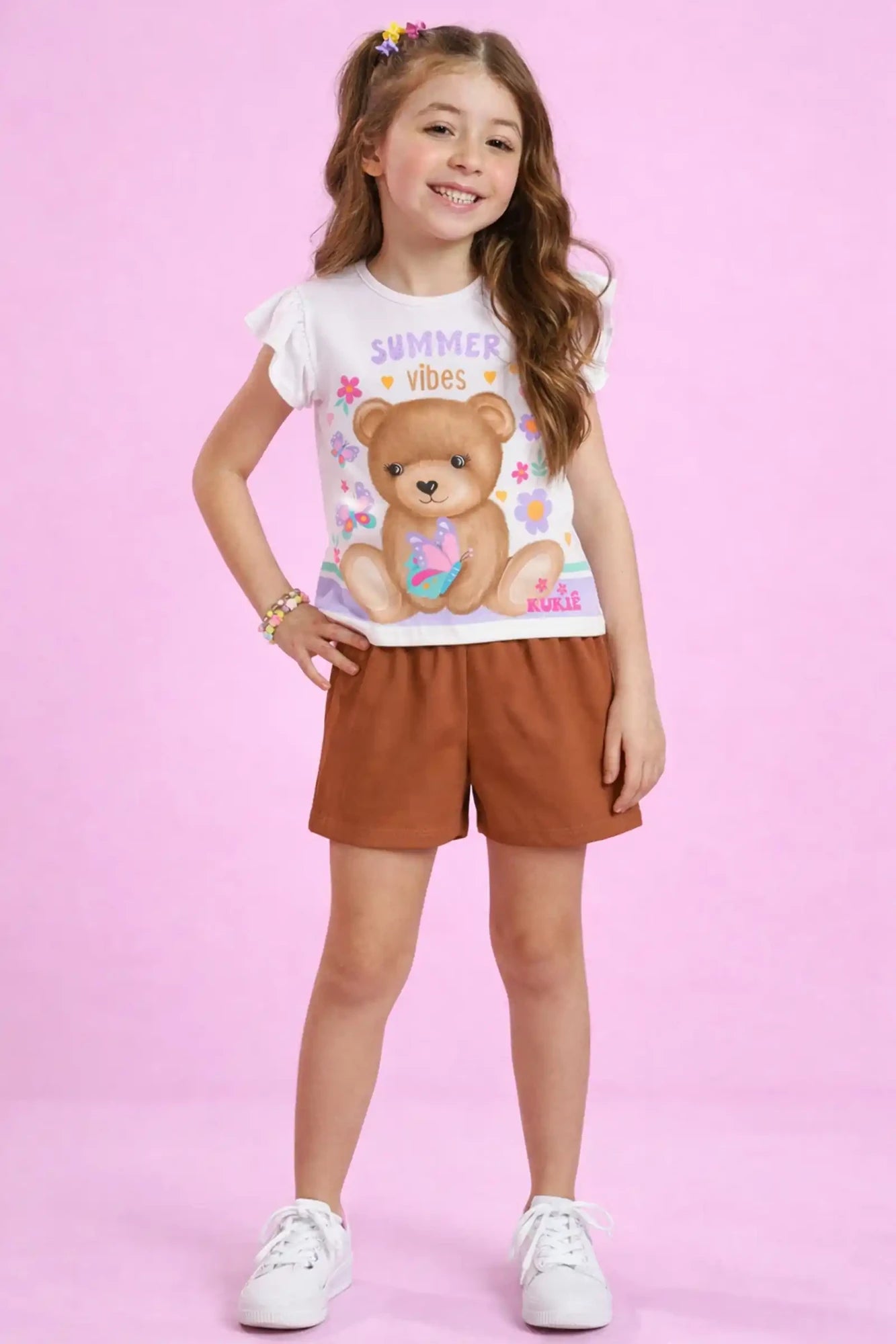 Conjunto Infantil Kukiê com Shorts Marrom e Blusa Ursinha Summer Vibes