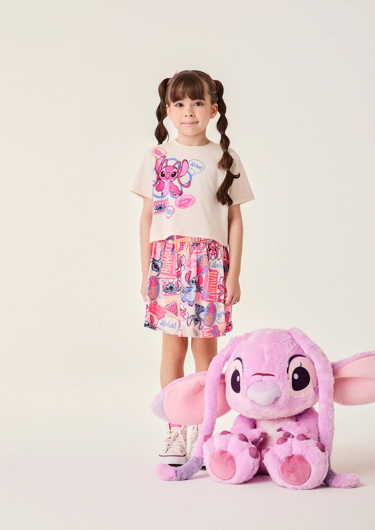Conjunto Infantil Menina Bimbi com Saia e Blusa Bege Angel Aloha Disney