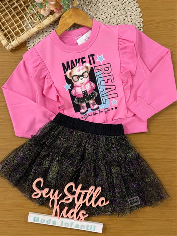 Conjunto Infantil Cinti Inverno com Saia em Tule Preta e Moletom sem Flanela Ursinha Fashion