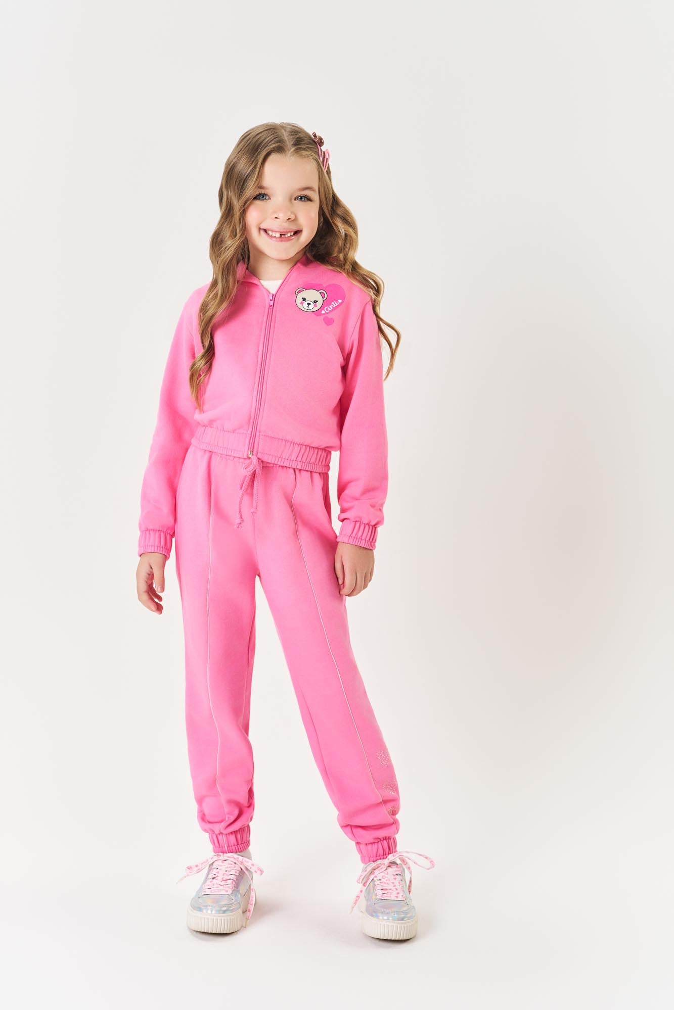 Conjunto Infantil Cinti Inverno com Calça e Jaqueta Rosa Ursinho Coração