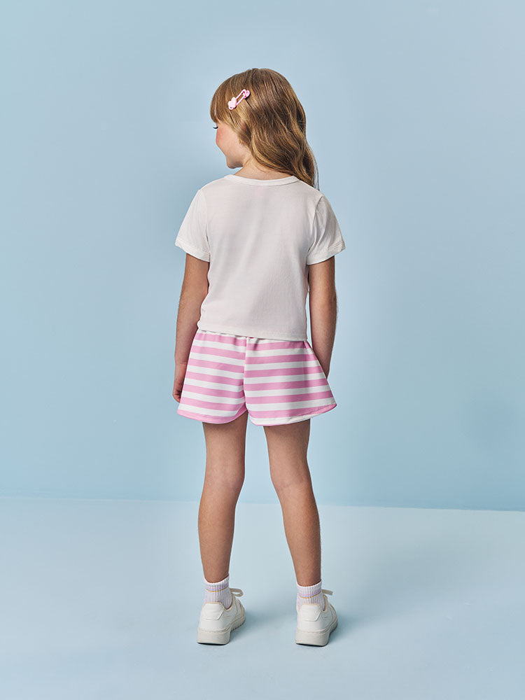 Conjunto Infantil Cinti Verão com Shorts Rosa Listrado e Blusa Branca Ursinha Lovely