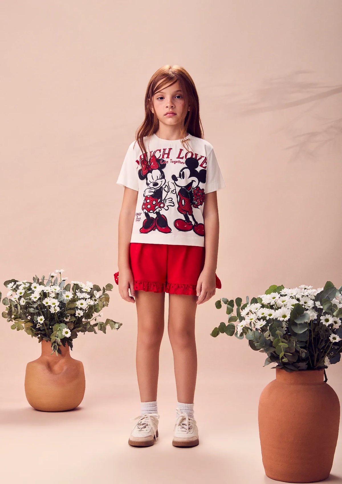 Conjunto Infantil Menina Animê Shorts Vermelho e Blusa Minnie e Mickey Strass Disney