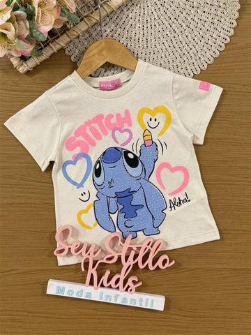 Blusa Infantil Momi Verão Bege Stitch com Strass Disney