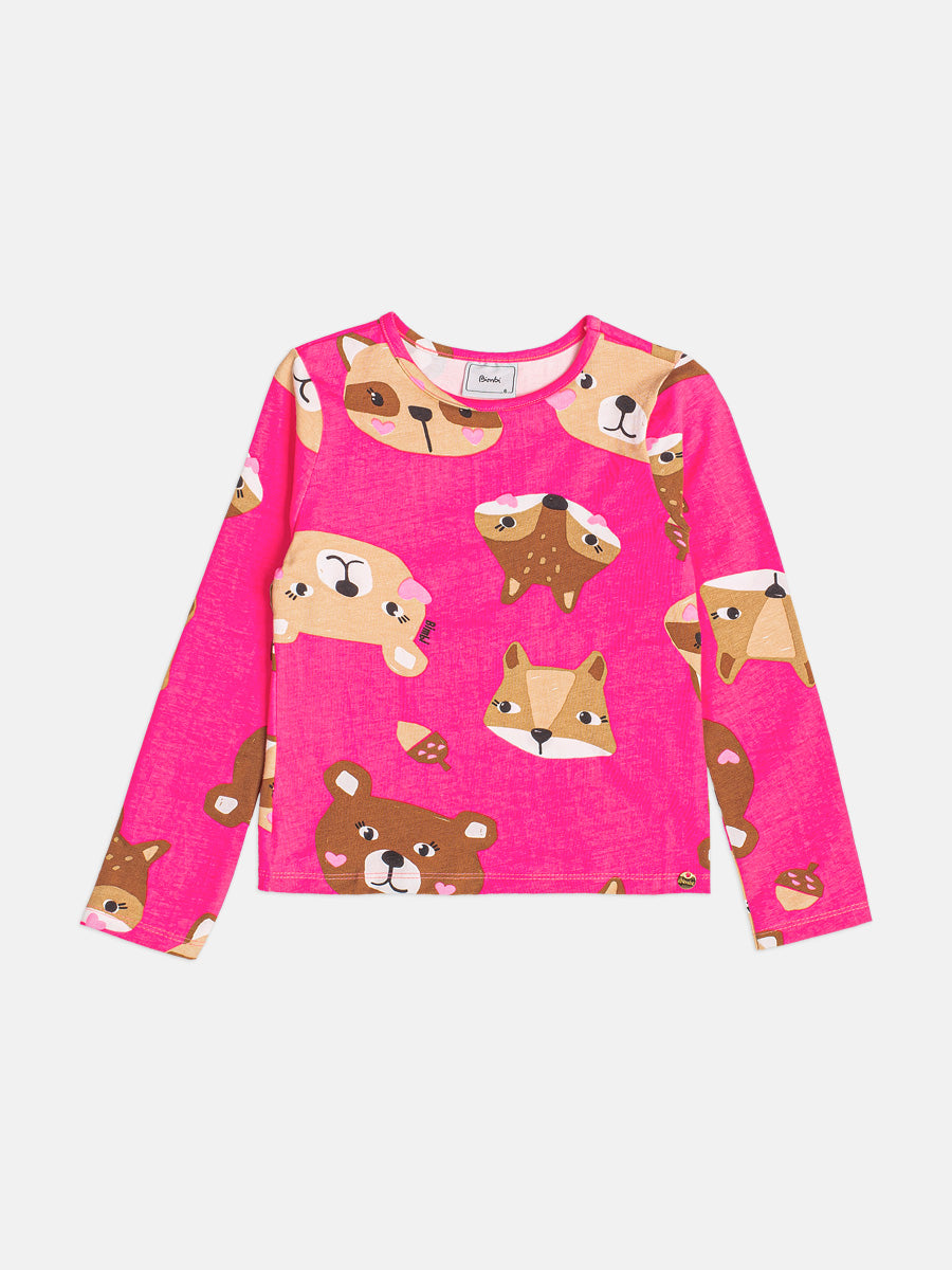 Blusa Infantil Bimbi Inveno Manga Longa Rosa Bichinhos