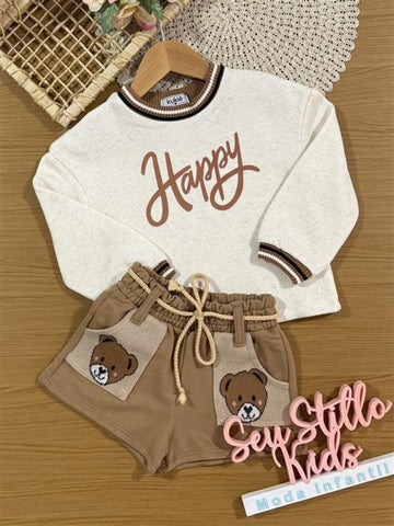 Conjunto Infantil Kukiê Inverno com Shorts Marrom Ursinho e Blusa Manga Longa Happy