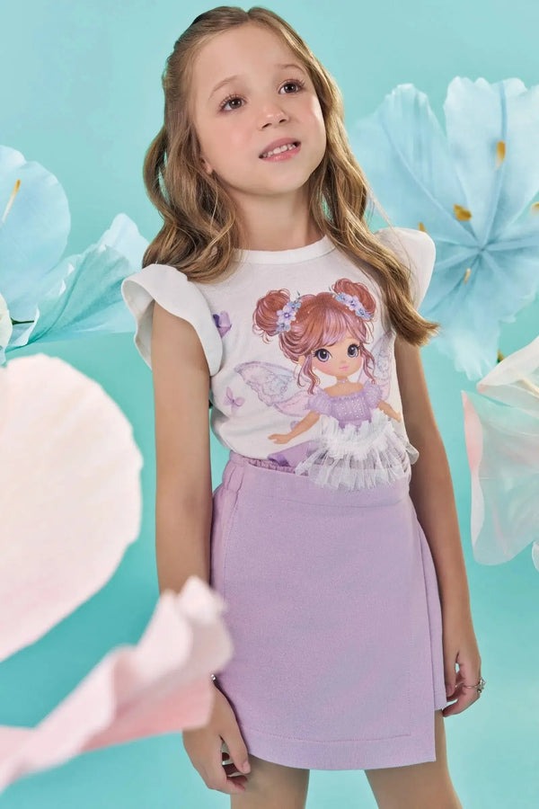 Conjunto Infantil Kukiê Verão com Shorts Saia Lilás e Blusa Branca Fadinha