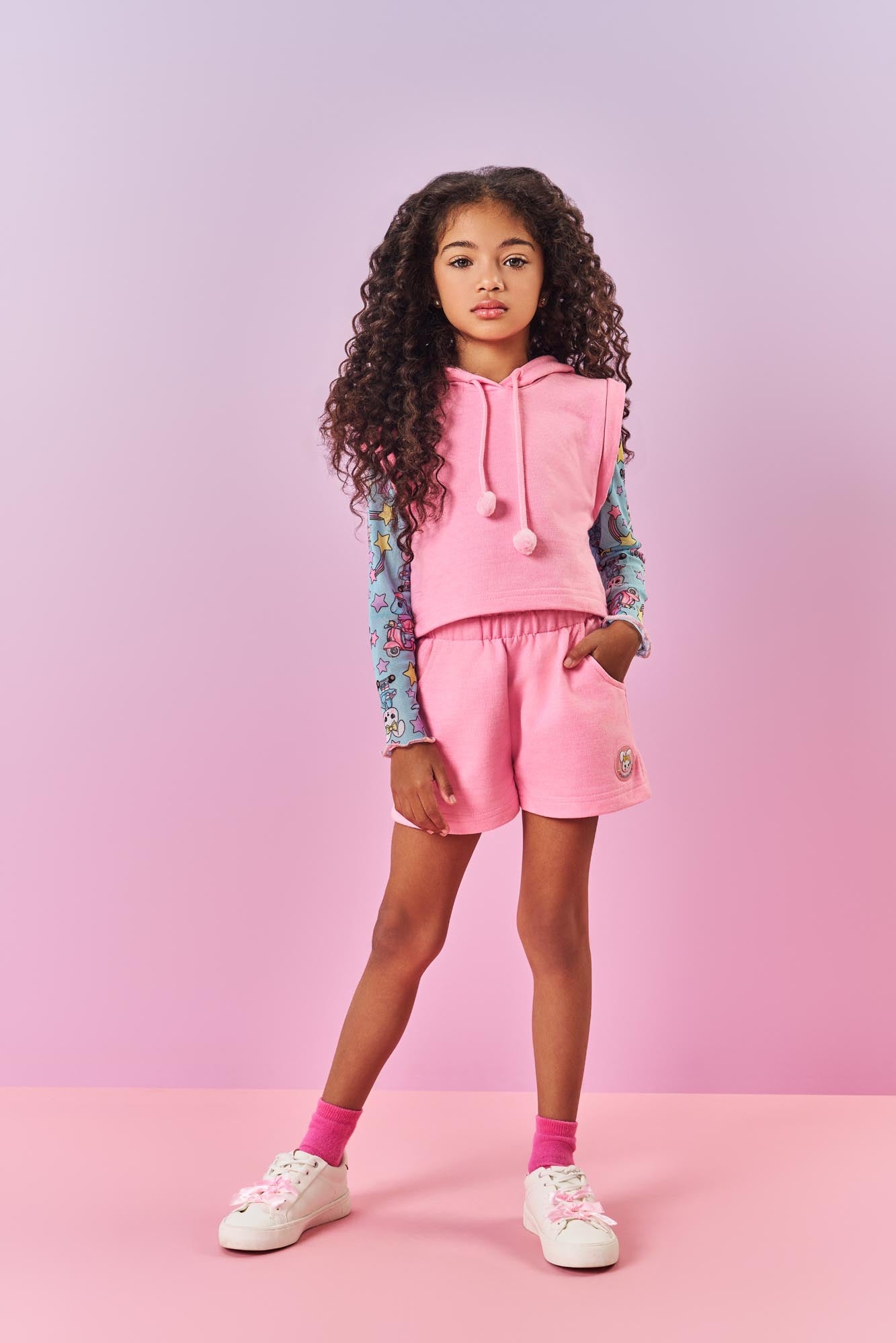 Conjunto Infantil Cinti Inverno Shorts Colete Rosa e Blusa Coelhinha