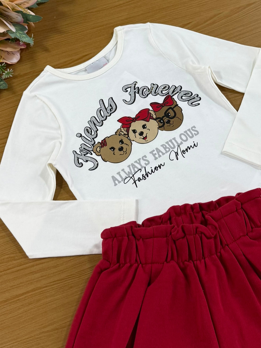 Conjunto Infantil Momi Inverno Shorts Vermelho e Blusa Manga Longa Ursinhas