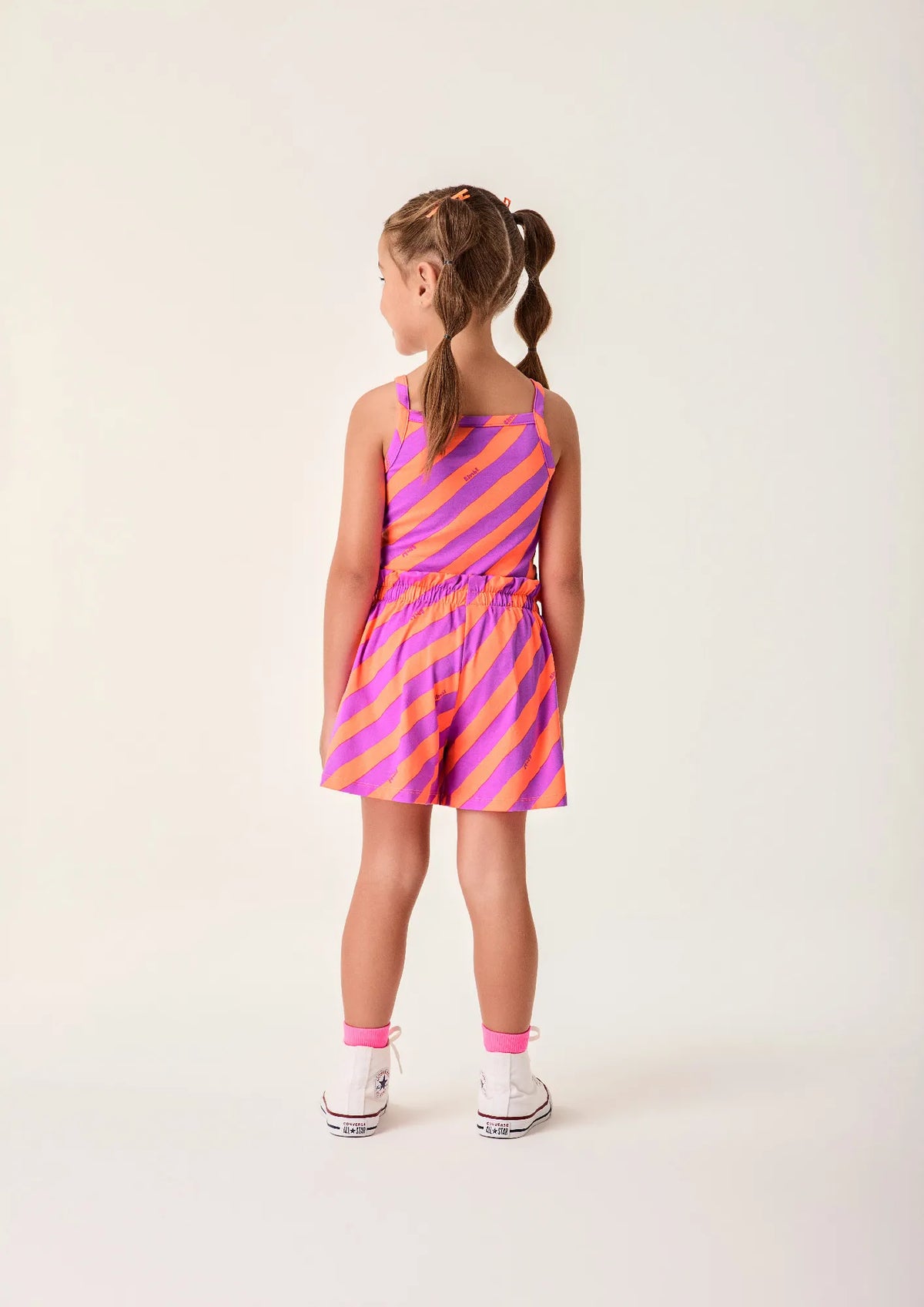 Conjunto Infantil Menina Bimbi Shorts e Blusa Listrada Laranja e Roxo