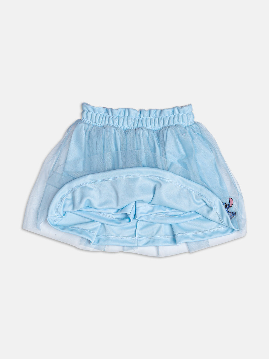 Conjunto Infantil Momi Verão com Saia em Tule Azul e Blusa Branca Stitch Disney