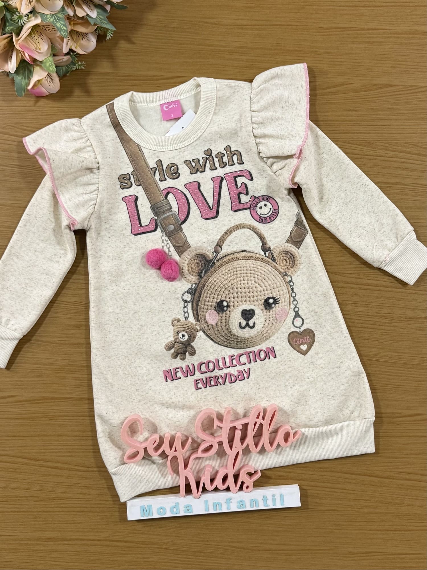 Vestido Infantil Cinti Inverno Off White Ursinho Love