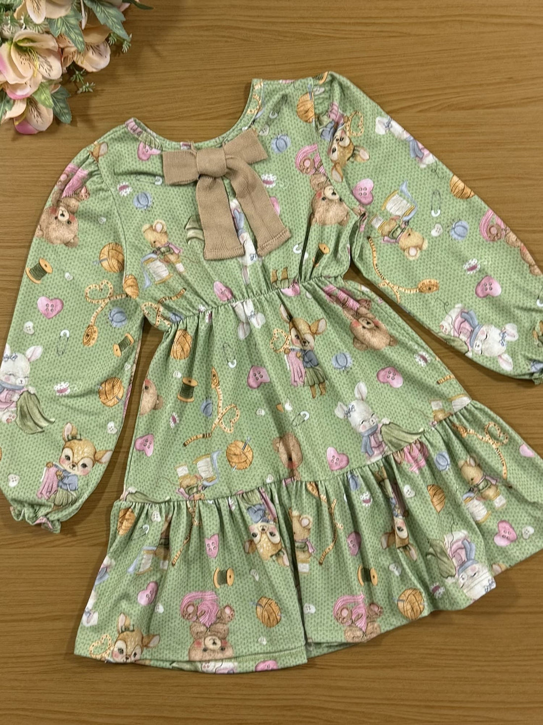 Vestido Infantil Kukiê Alecrim Inverno Verde Animais