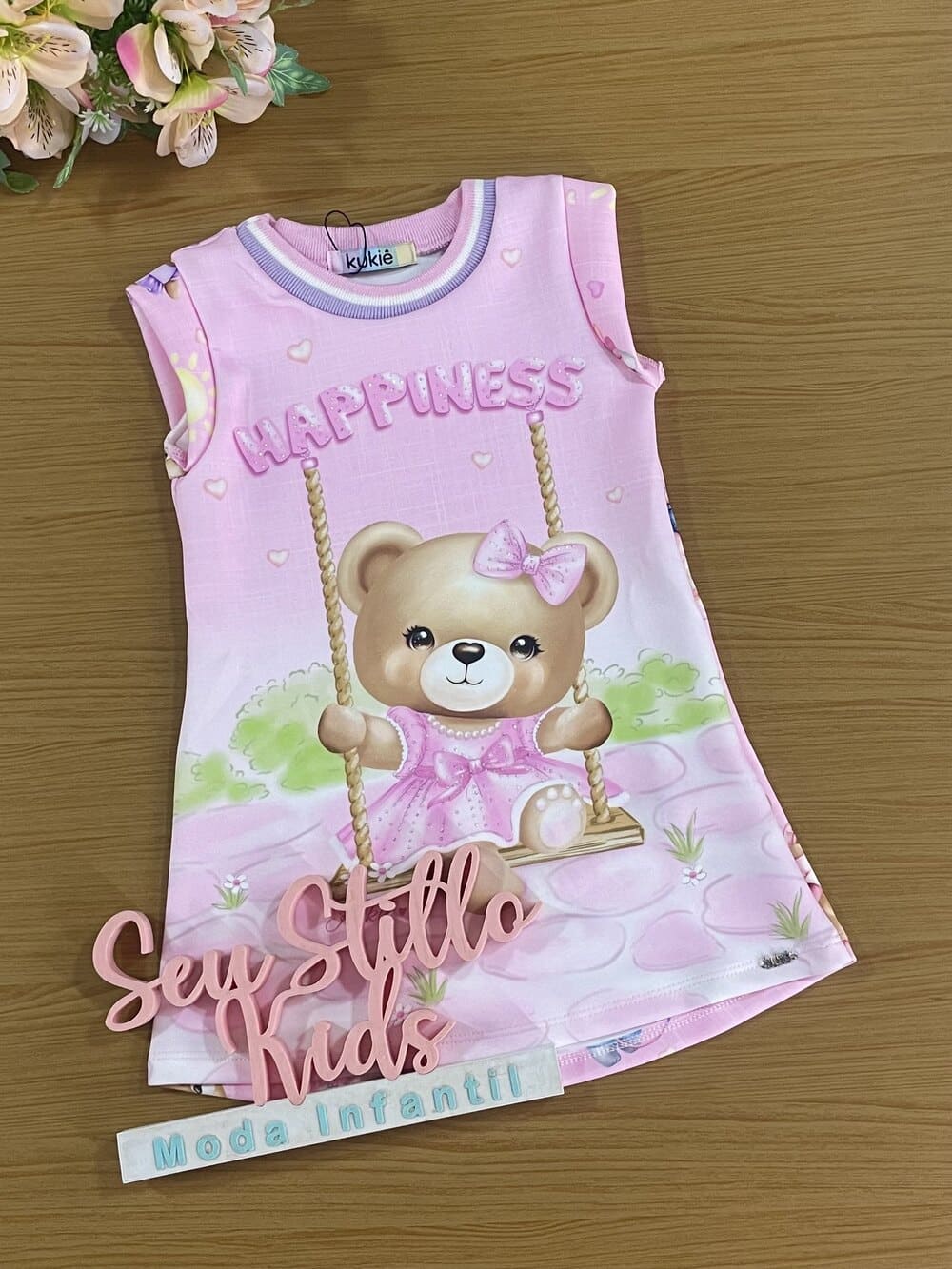Vestido Infantil Kukie Verão Rosa Ursinha