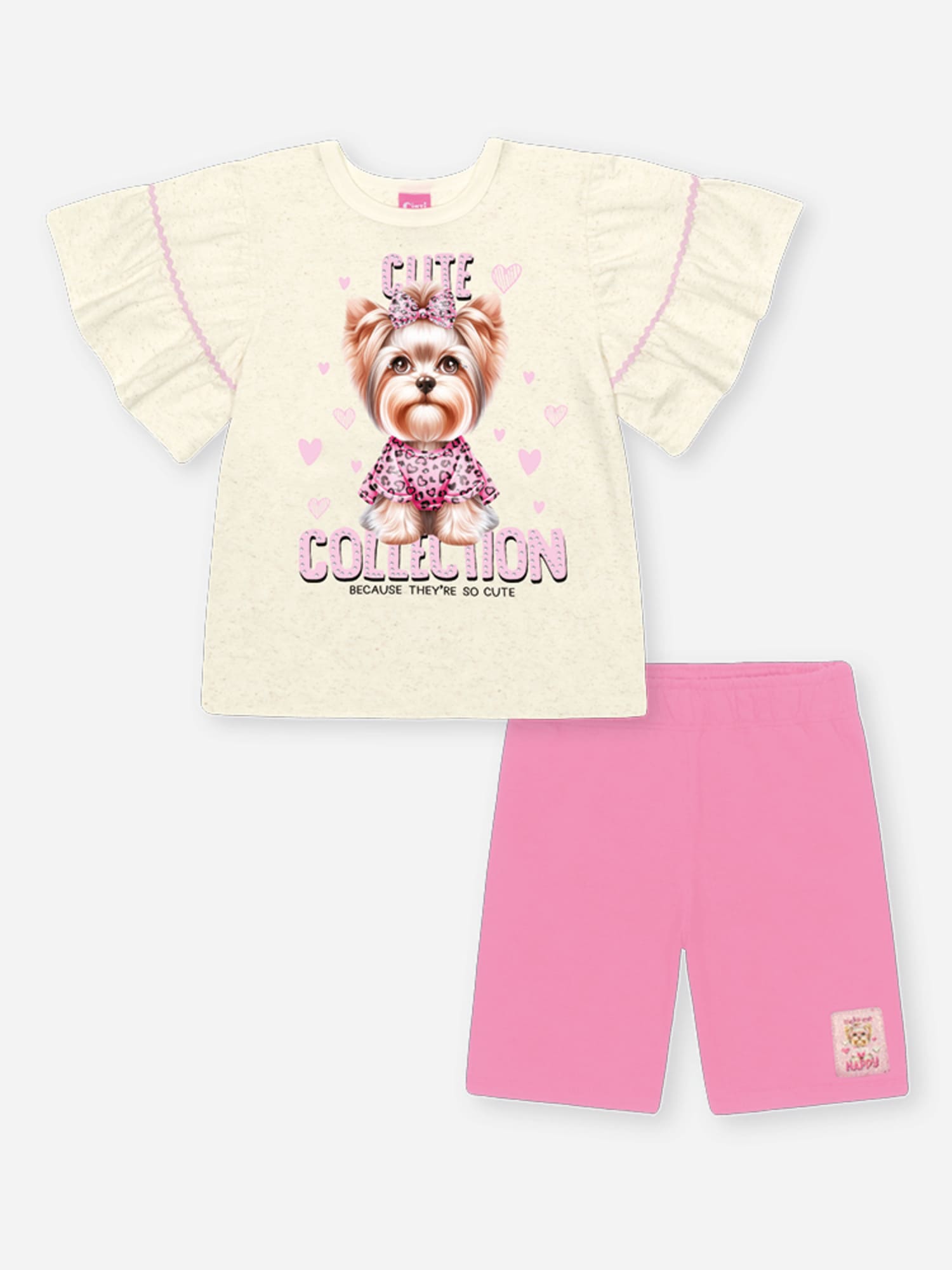 Conjunto Infantil Cinti Verão com Shorts Ciclista Rosa e Blusa Off White Cachorrinha