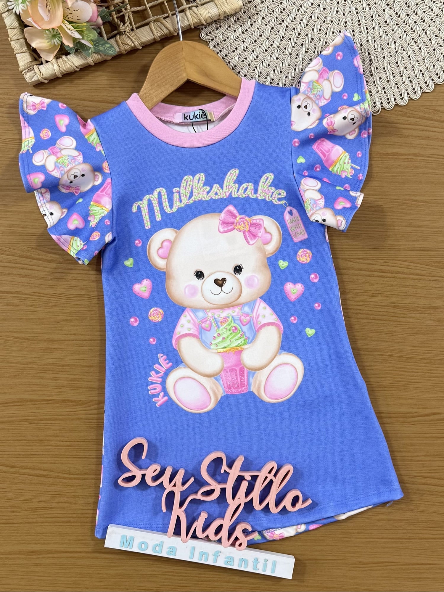 Vestido Infantil Kukiê Verão Azul Ursinha com Strass