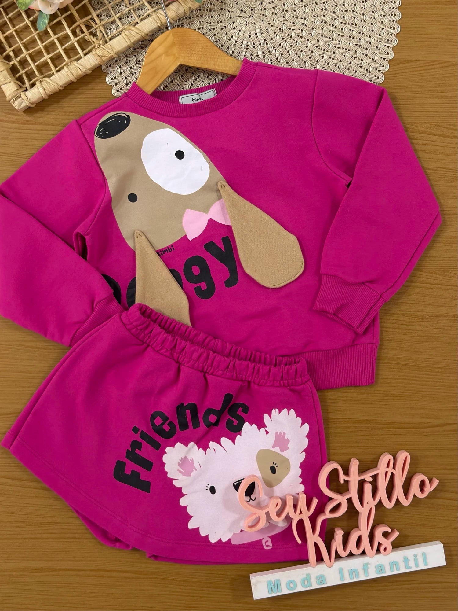 Conjunto Infantil Bimbi Inverno com Shorts Saia e Moletom sem Flanela Rosa Doggy