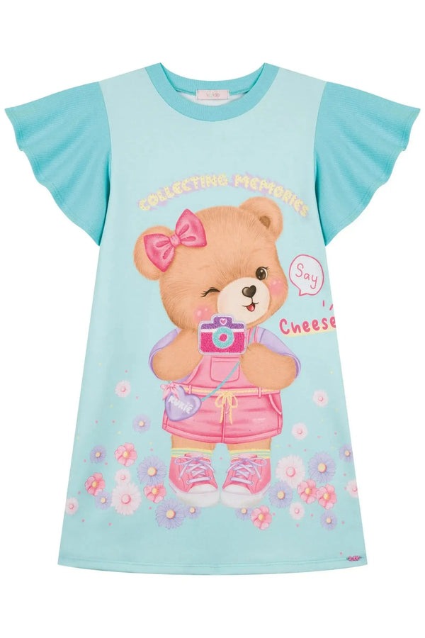 Vestido Infantil Kukiê Verão Azul Ursinha Fotógrafa