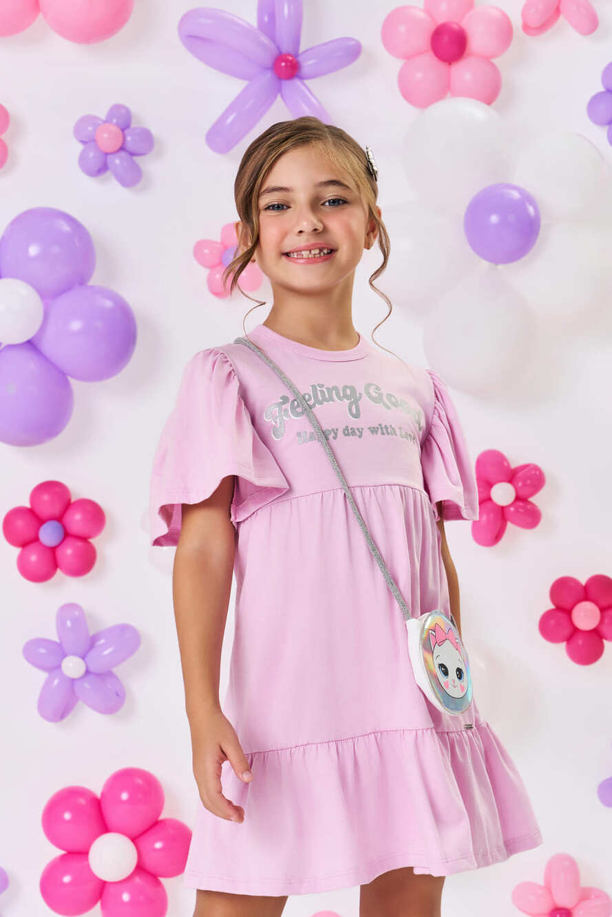 Vestido Infantil Cinti Verão Lilás com Bolsinha Gatinha