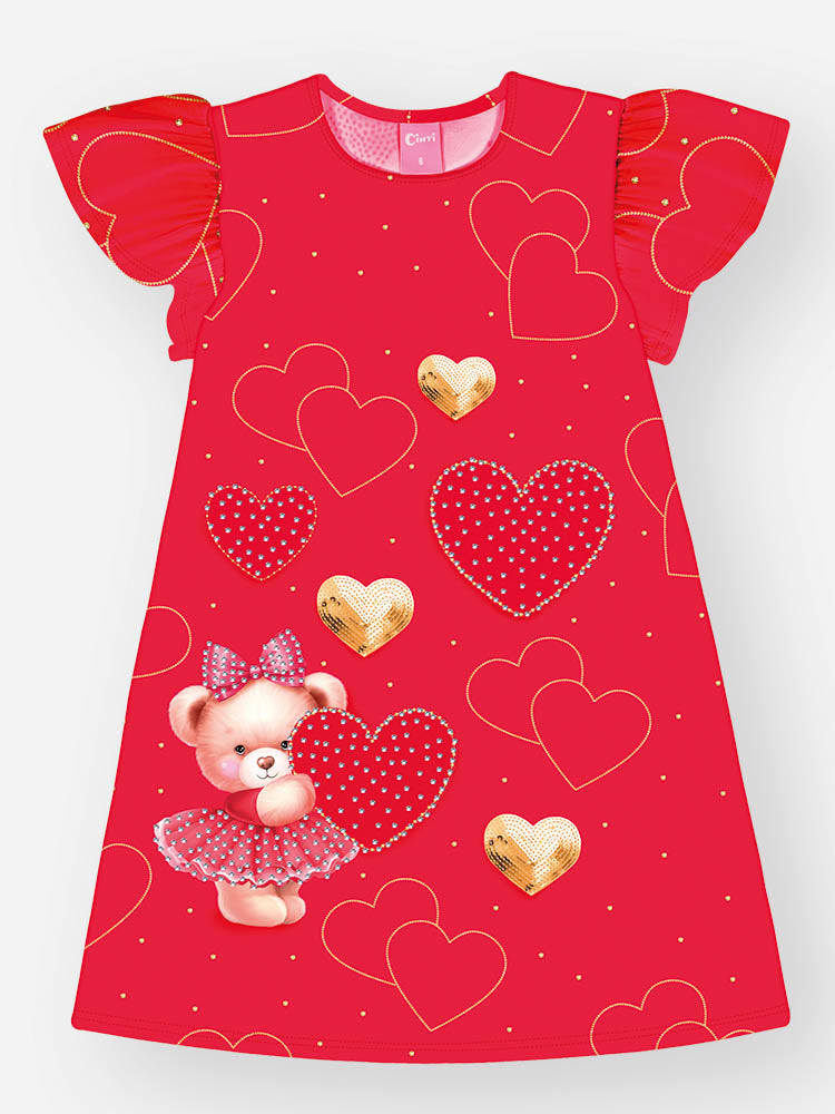 Vestido Infantil Cinti Verão Vermelho Ursinha Corações