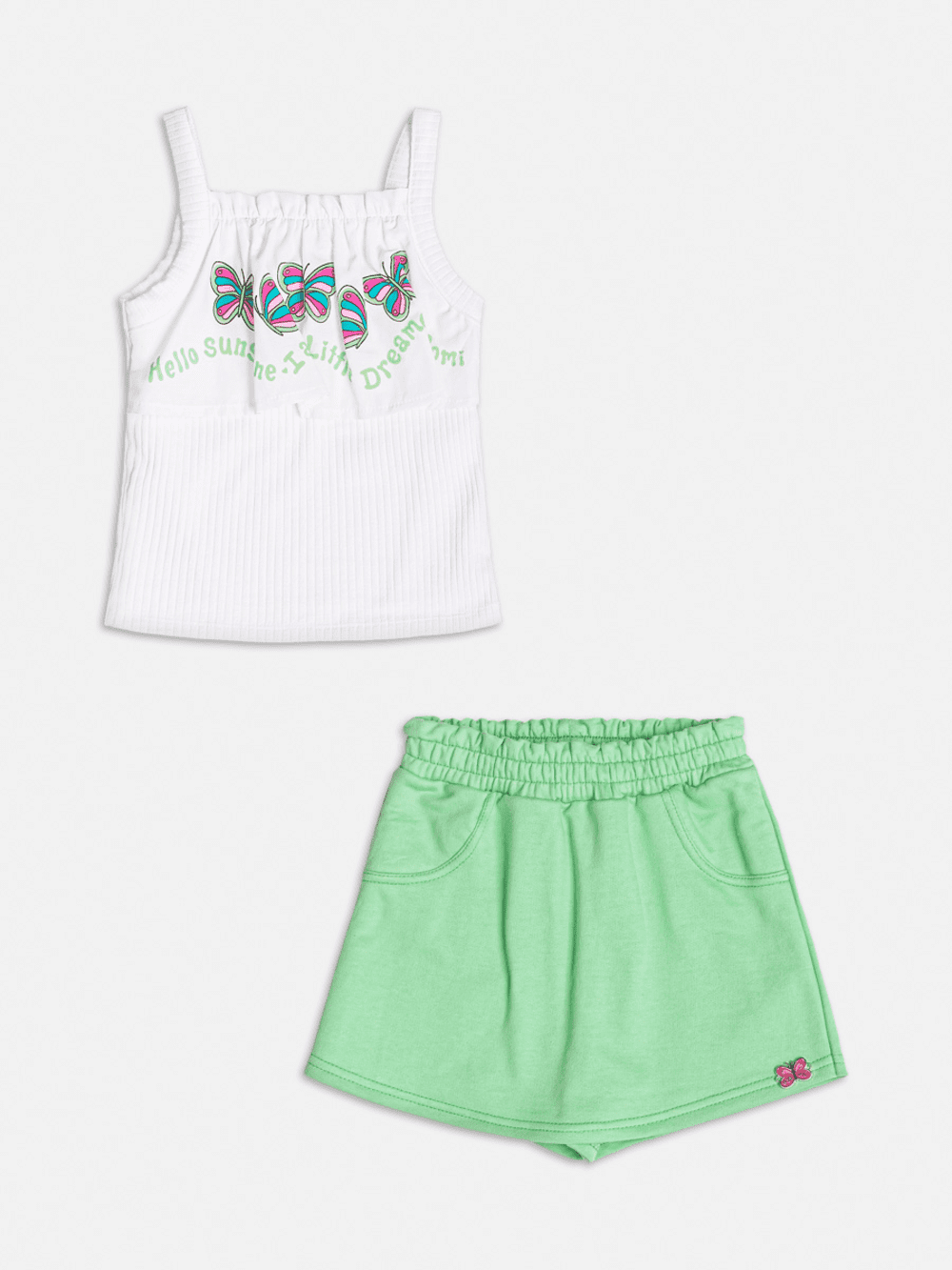 Conjunto Infantil Momi Verão Shorts Saia Verde e Blusa Regata Borboleta