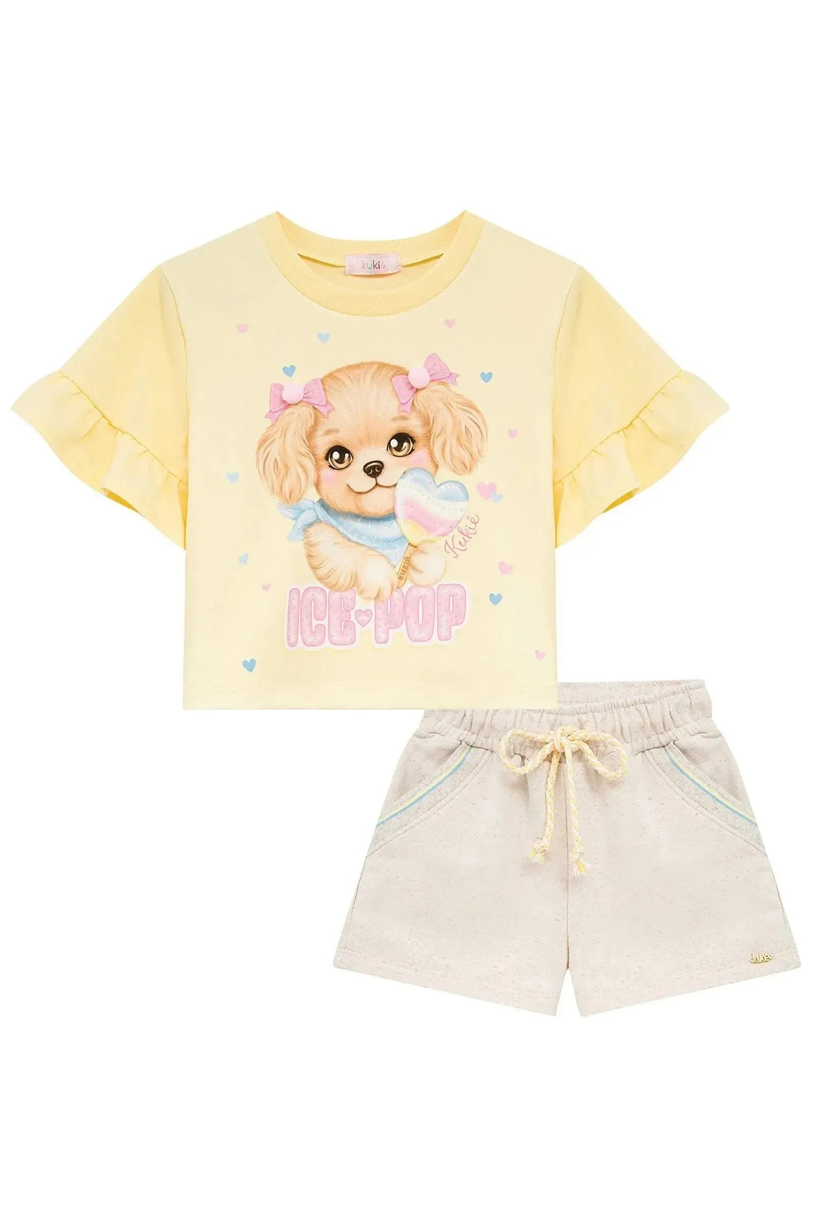 Conjunto Infantil Menina Kukiê com Shorts Off White e Blusa Boxy Amarela Cachorrinha Ice Pop