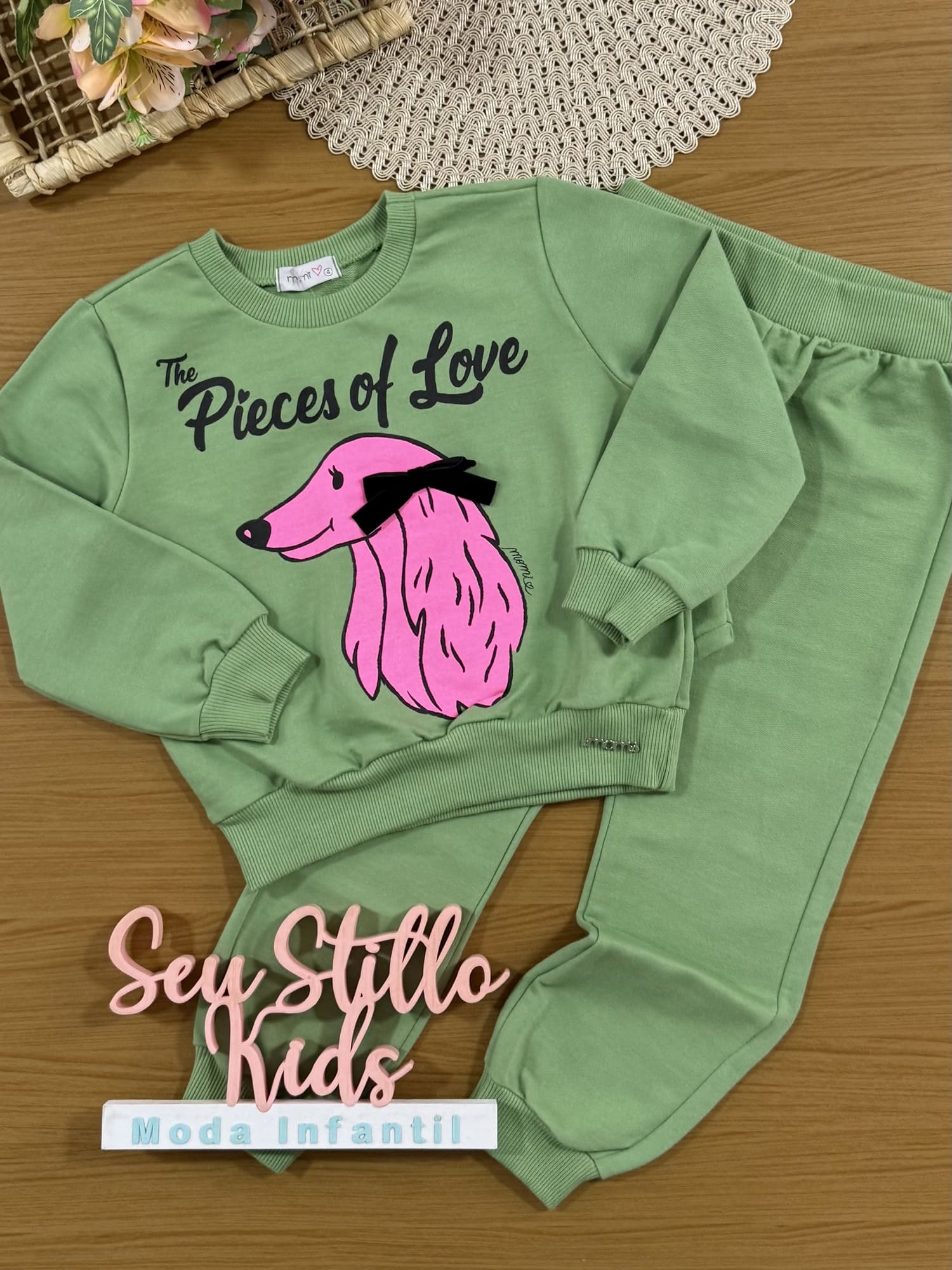 Conjunto Infantil Momi Inverno com Calça e Moletom sem Flanela Verde Cachorrinha