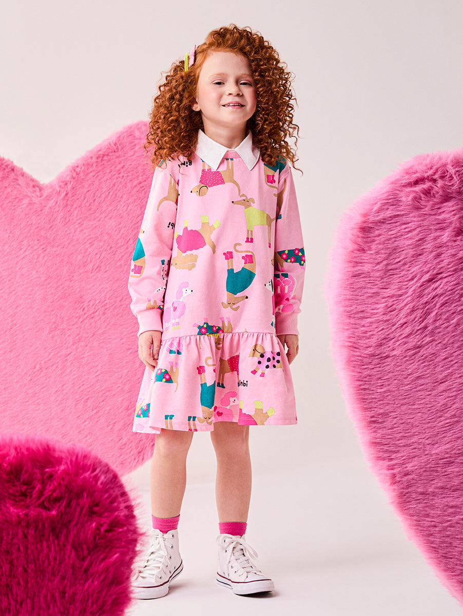 Vestido Infantil Bimbi Inverno Rosa Cachorrinho